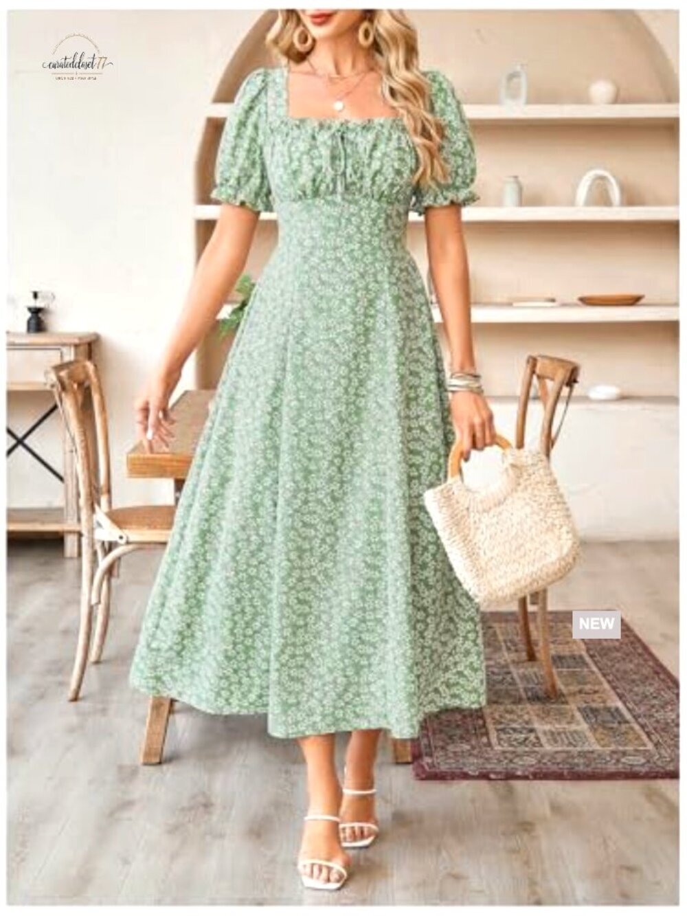 Size S Flowy Maxi Dress Ruched Bust Puff Sleeve Summer Wedding Guest - Picture 5 of 6